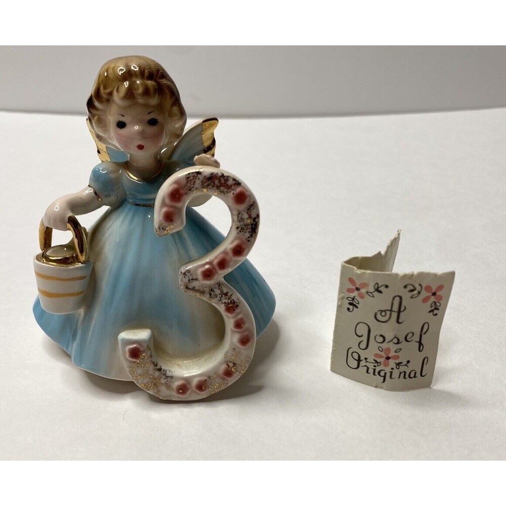 Vtg Josef Originals 3rd Birthday Girl Angel Figurine  With Pail